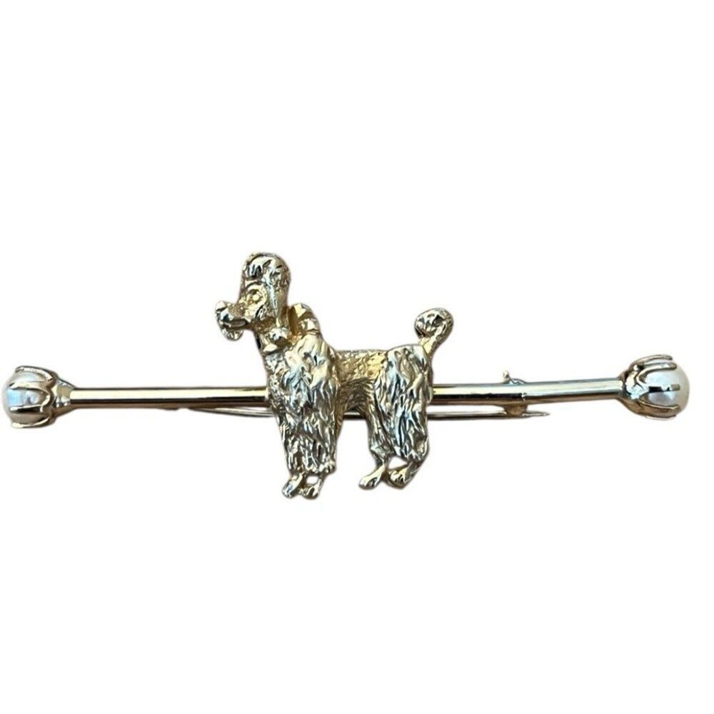 Long Gold Tone Standard Poodle Dog Bar Pin Pearls on Each Side Vintage Brooch